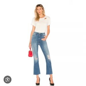 MOTHER Blue Distressed High-Rise Cropped Flare Jeans Hustler Ankle Fray sz 27